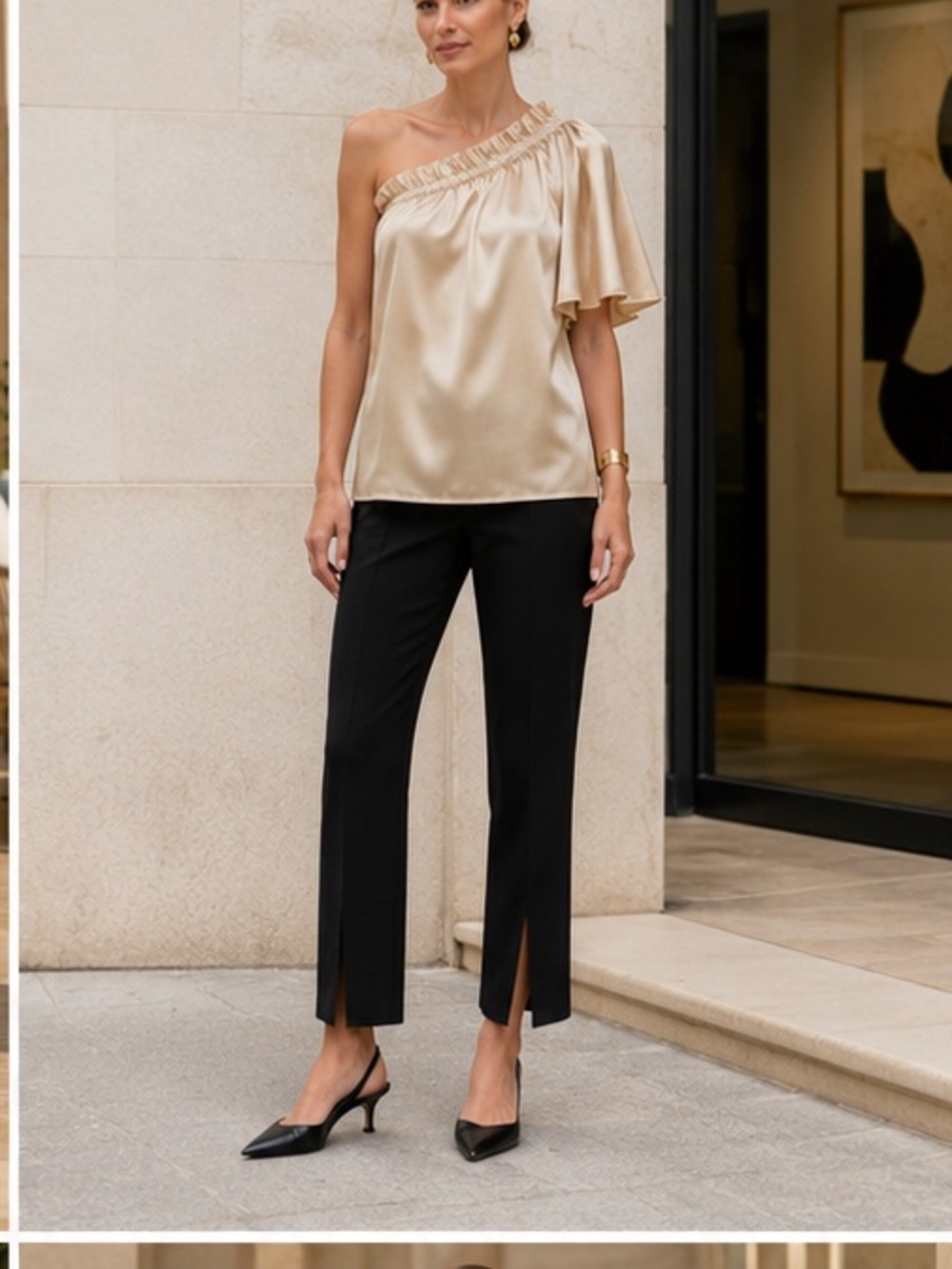 St. John Liquid Silk Asymmetric Top One Shoulder
Blouse Champagne Gold Sz 6 - Picture 11 of 15